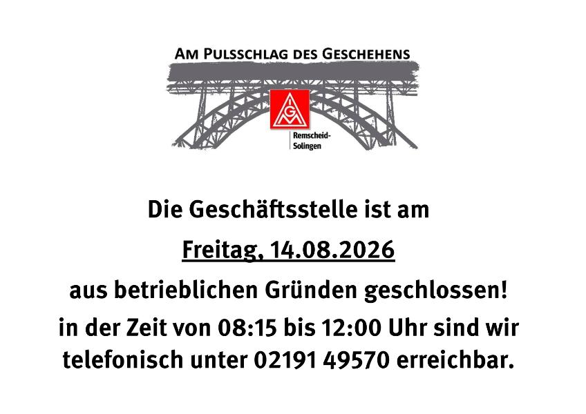 Geschäftsstelle geschlossen am 14.08.2026